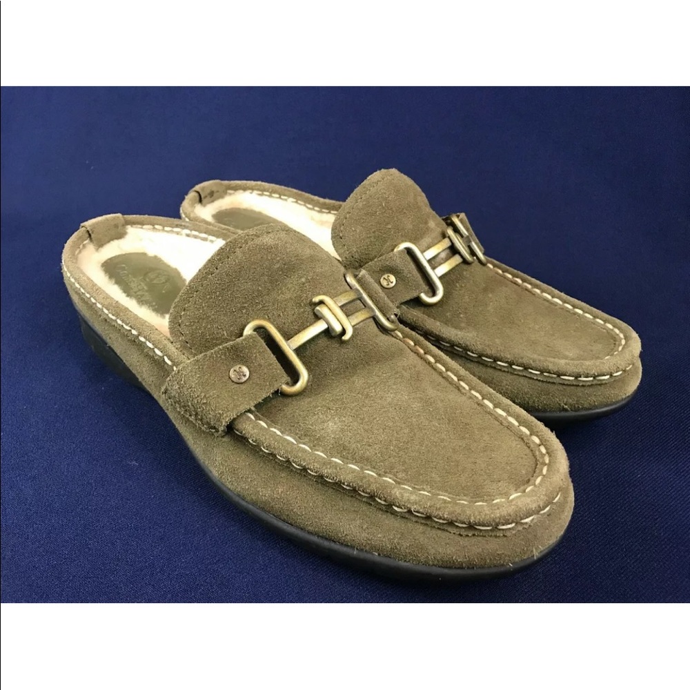 COLE HAAN HORSE-BIT SUADE SHEARLING GREEN MULE